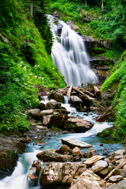 istock Waterfall cascade on mountain rocks. A mountain waterfall flows over the rocks. 1503322599