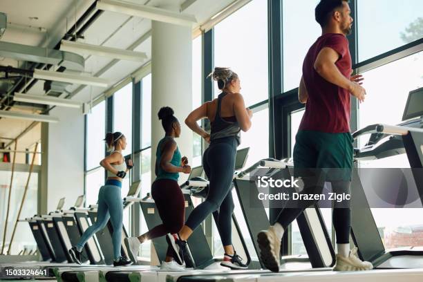 Rear View Of Athletic People Running On Treadmill In A Gym Stock Photo - Download Image Now