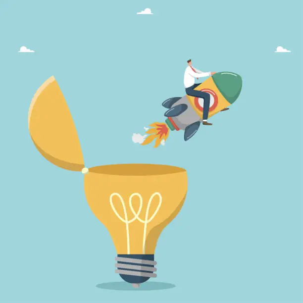 Vector illustration of Man takes off on rocket from light bulb