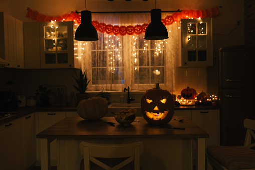 Kitchen with  beautiful Halloween pumpkin decorations with lights