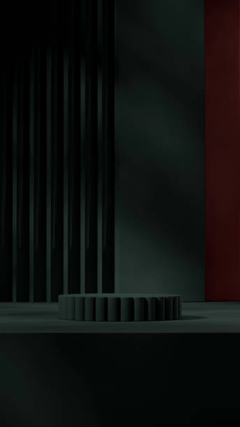 istock dark green cylinder podium in portrait red textured wall, rendering 3d blank mockup 1503327115