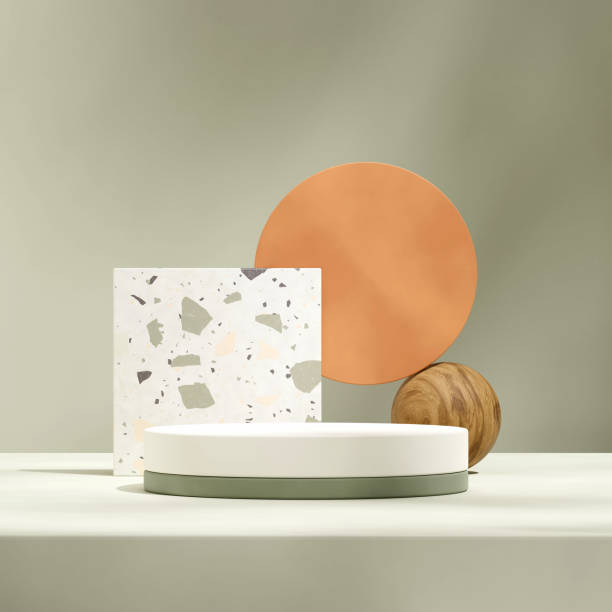 istock in square terrazzo and wood shape backdrop, 3d render empty space green color cylinder podium 1503327394