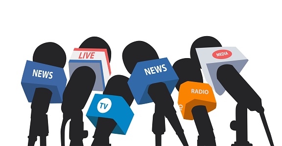 Hand holding the microphone. Flat design vector illustration. Live news, journalist, interview concept