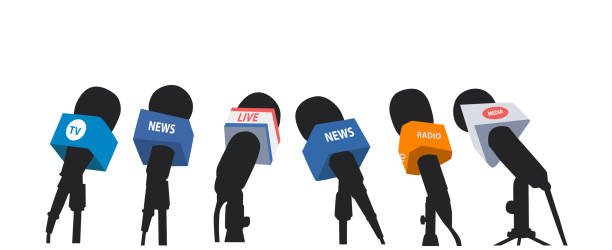 Hand holding the microphone. Flat design vector illustration. Live news, journalist, interview concept Hand holding the microphone. Flat design vector illustration. Live news, journalist, interview concept interview seminar microphone inside of stock illustrations