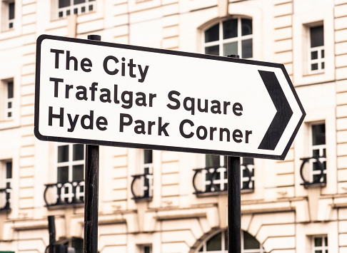 A directional sign in London's city centre for the City of London financial district, Trafalgar Square and Hyde Park Corner.