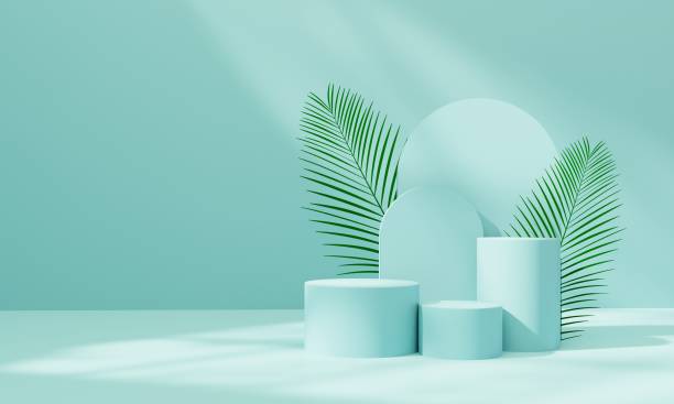 istock Pastel blue podium for product presentation with palm leaf elements,shade and natural sunlight.3D render illustration 1503331638