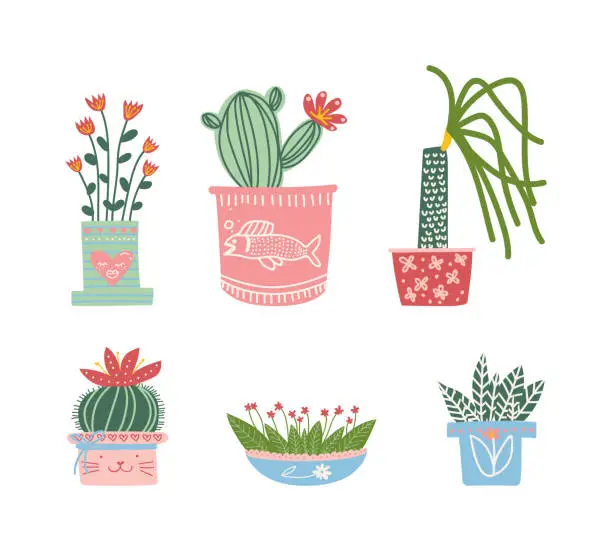 Vector illustration of Decorative Flower and Plant Growing in Ceramic Pot as Home Decor Vector Set