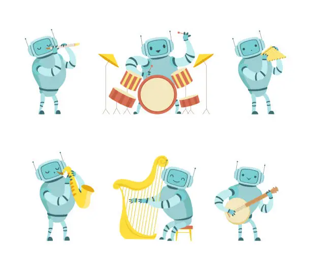 Vector illustration of Robot Musician Playing Musical Instrument Performing on Stage Vector Set