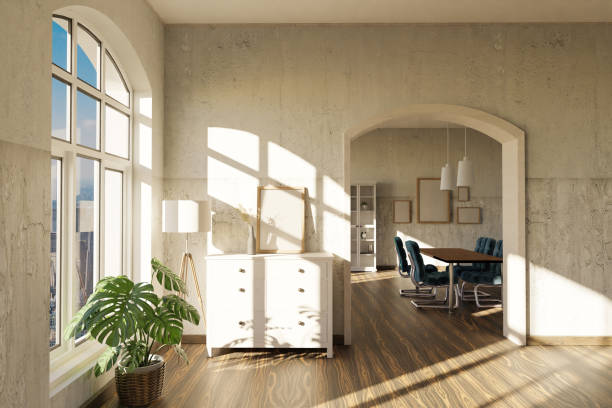 istock luxurious loft apartment with arched window and noble minimalistic interior living room design; 3D Illustration 1503342009