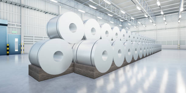 istock 3d rendering of roll steel, stainless steel or galvanized steel coil inside factory. 1503342607