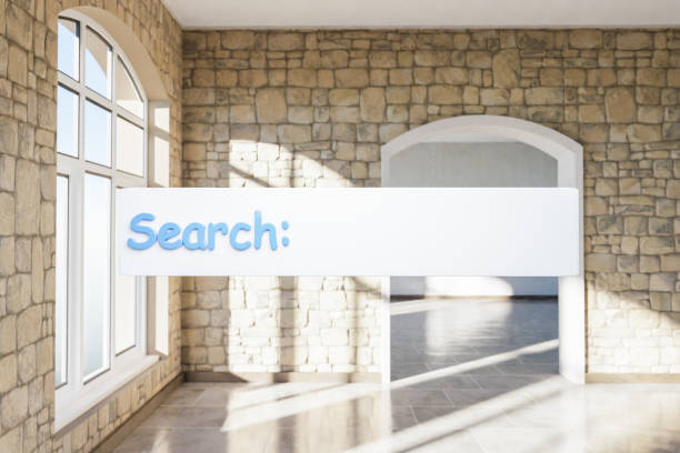 istock search box text floating in air standing in luxurious loft apartment with arched window and minimalistic interior living room design; 3D Illustration 1503342723