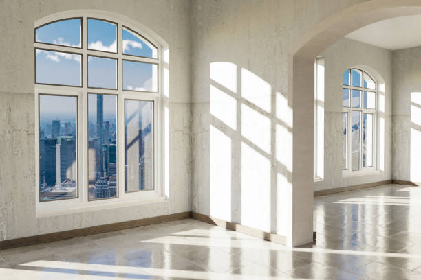 istock luxurious loft apartment with arched window and minimalistic interior living room design; 3D Illustration 1503343074