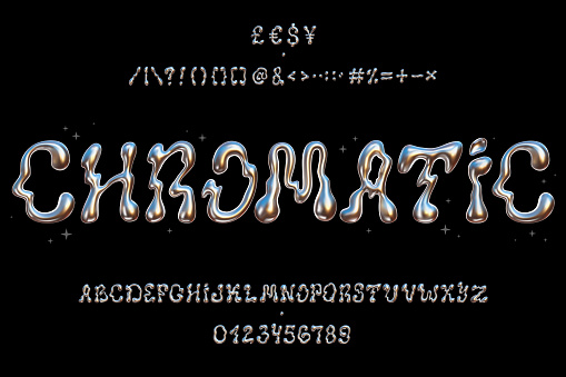 Vector illustration - Set of chrome Y2K alphabet. Trendy font with glossy liquid metal effect. Great for your design web or print projects.