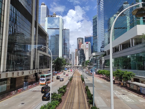 Hong Kong, June 21,2023 : View of Queensway Highway, from the top of the Admiralty pedestrian bridge, Hong Kong.