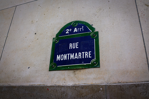 Paris, France, 11 august 2022: Rue Montmartre sign in old Paris.