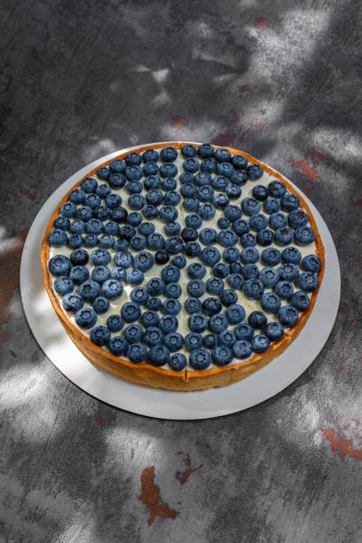 istock Shortcrust pastry pie with creamy vanilla cream and blueberries. The pie stands on a light stand on a gray background with bronze inserts. 1503350213