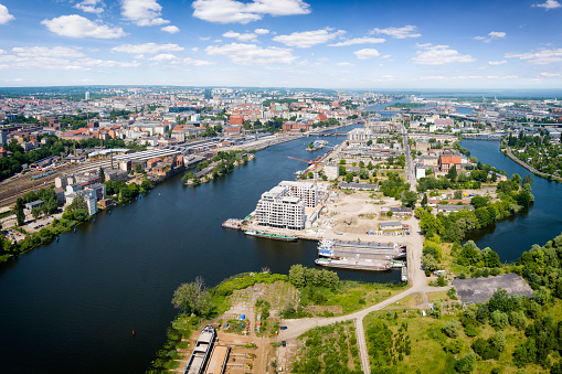 Holidays in Poland - aerial view of Odra river and  city of Szczecin