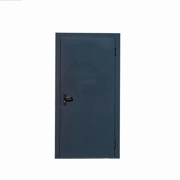 istock Black metal door with handle isolated on white background 1503351081