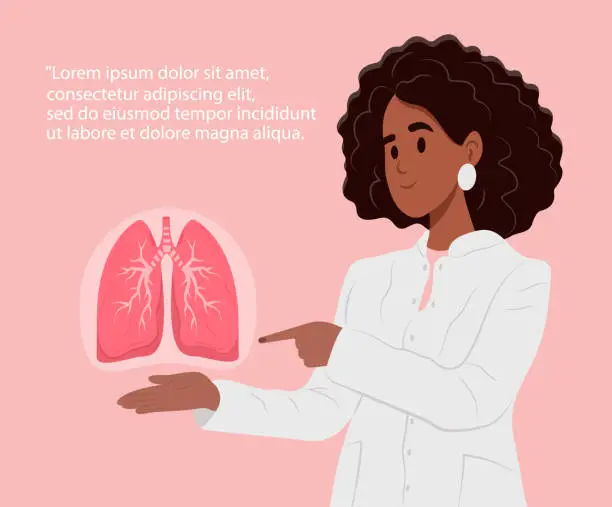 Vector illustration of Pulmonologist black female doctor.World lung cancer awareness month in november. Lung health. Lung care, tuberculosis awareness. World cancer day, a patient with pneumonia, tuberculosis.