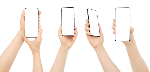 istock Set of Woman hands using smartphone with blank screen, isolated on white background 1503352053