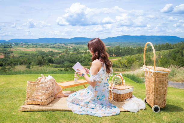 mulher sentada de costas lendo um livro ao ar livre com uma bela vista e uma cesta de vime no chão com uma bebida. - bench mountain park sitting - fotografias e filmes do acervo