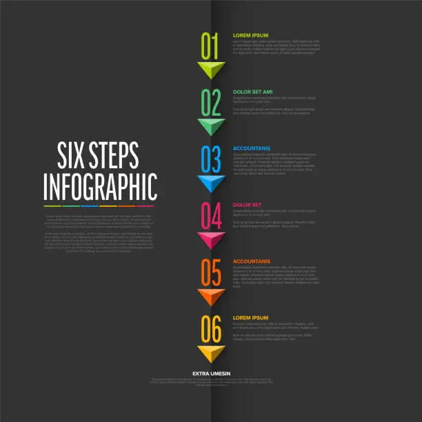 Vector illustration of Vector dark six steps vertical progress template with big arrows and numbers