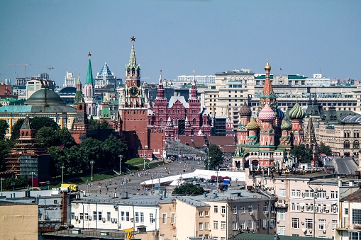 St. Basil’s Cathedral on Red Square in Moscow and golden clouds with the first rays of the autumn sun