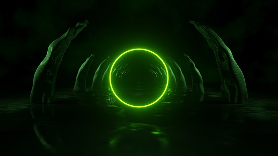 In this abstract 3D rendering, a futuristic sci-fi neon light circle is set against a dark background, creating a captivating visual experience, digital art, video game environments.