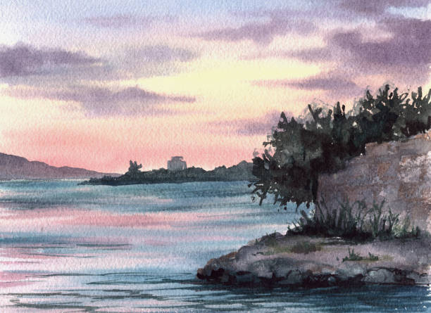 istock Watercolor landscape illustration Hand drawn background sunset at the sea 1503355692