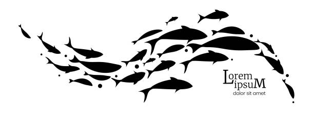 ilustrações, clipart, desenhos animados e ícones de bando preto de peixes nadadores. ilustração vetorial - abstract animal aquatic art