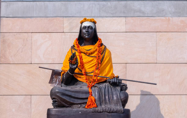 Varanasi, Uttar Pradesh, India - November 2022: 12-foot high statue of Adi Shankaracharya made of chlorite schist, and weighing 35 tons, installed in Kashi Vishwanath temple in Varanasi.