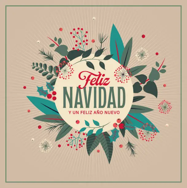 Vector illustration of Feliz navidad. Greeting card to wish a merry christmas and a happy new year. Spanish version.