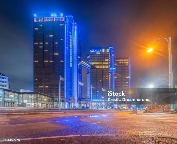 Gothia Towers In Gothenburg At Night Stock Photo - Download Image Now - Amusement Park, Architecture, Blue