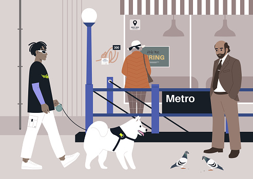 A crowded metro station entrance, urban scene with pigeons and graffiti, big city life