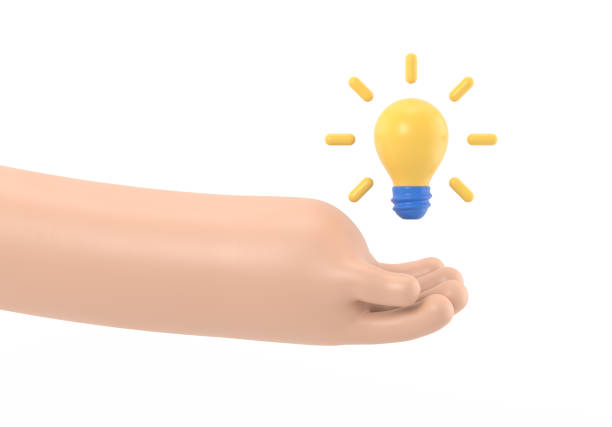 istock Cartoon Gesture Icon Mockup.3d icon hand holding light bulb gesture. cartoon great idea concept, 3D rendering on white background. 1503360269
