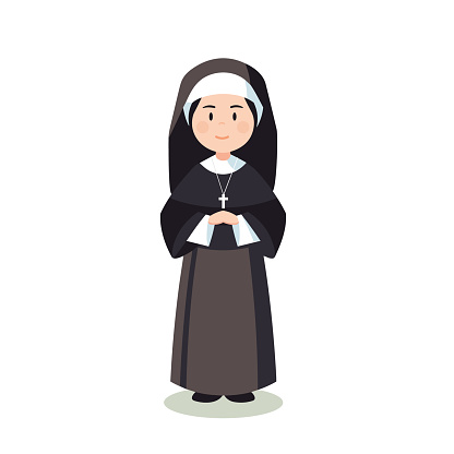 Nun flat isolated on white backgrund. Cartoon nun with a cross. Christian catholic religious. Vector stock