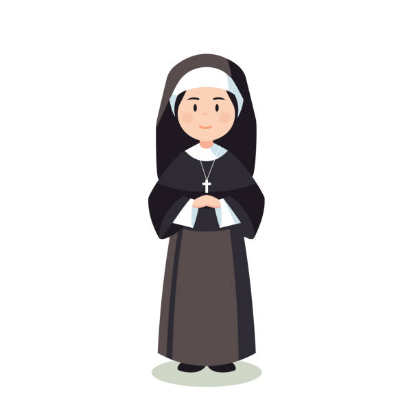 Nun flat isolated on white backgrund. Nun flat isolated on white backgrund. Cartoon nun with a cross. Christian catholic religious. Vector stock nun praying cross human hand stock illustrations