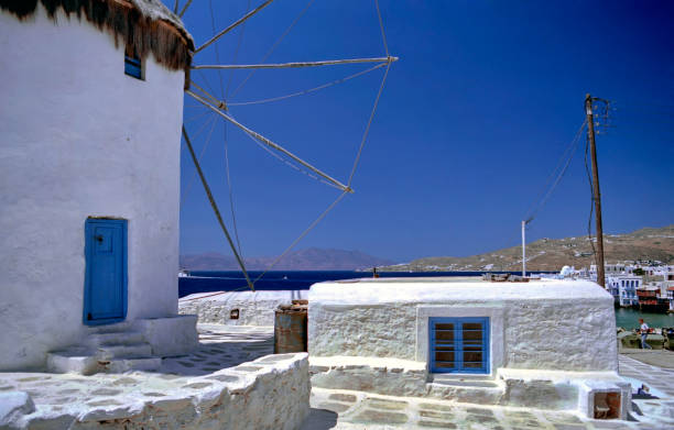 analog photo of a windmill against the blue sky of Myconos