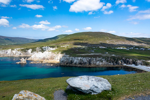 Ashleam Bay at Achill Island off County Mayo on the west coast of  Ireland with beautiful beaches and rocky mountains.