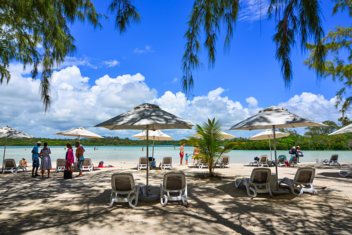 Flacq, Mauritius - Jan 12, 2017. Seascape of Ile aux Cerfs Leisure Island, Mauritius. This island is a popular destination that attracts European tourists in the summer.