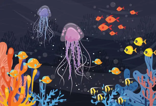 Vector illustration of Tropical underwater fishes and jellyfish on coral reefs. Sea life in nature, colorful marine landscape