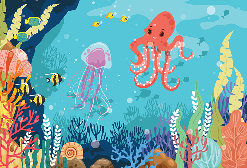 Tropical underwater jellyfish and octopus on coral reefs. Sea life in nature, colorful marine landscape with seaweed, corals and animals such as shellfish and angelfish.