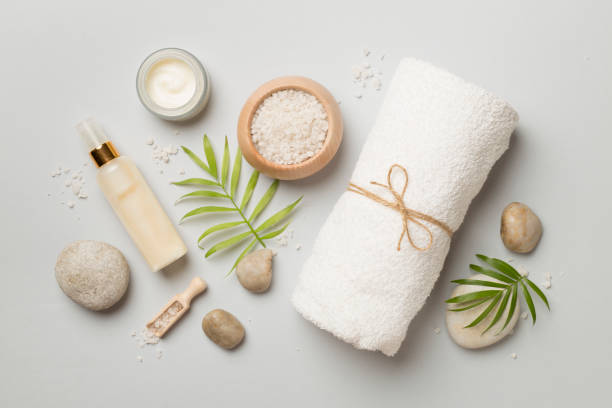 istock Composition with spa products on color background, top view 1503374717