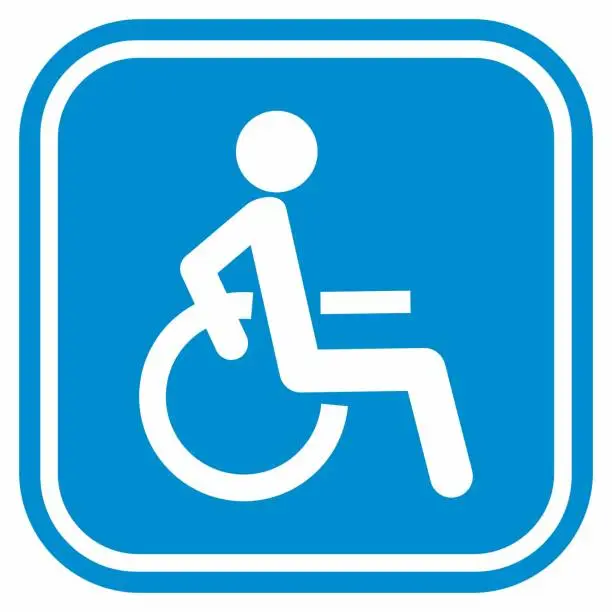 Vector illustration of wheelchair, sign for wheelchair users, blue square frame, eps.