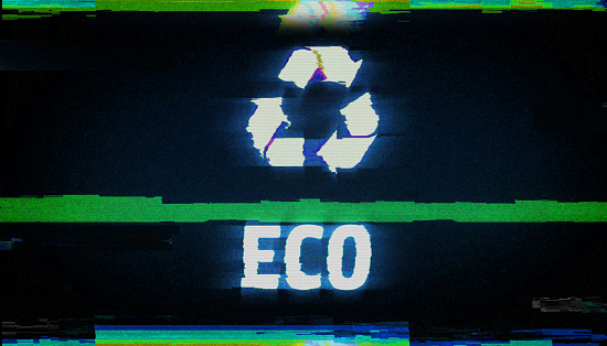 Recycling symbol light flashing on analog screen. Eco friendly and ecology icon on retro VHS style. Abstract concept with noise and glitch 3D illustration.