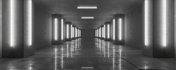 istock Neon Light Glossy Garage Gallery Entrance Hall Tunnel Corridor Studio White Lights Stripe Empty Dark Grunge Underground Big Concrete Exhibition Hall Dark Hall 3D Render 1503377620