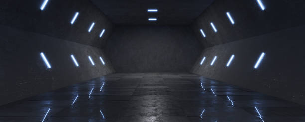 istock Hall Tunnel Corridor Studio Neon Light White Lights Stripe Empty Dark Grunge Underground Big Concrete Exhibition Hall Dark Hall Glossy Gallery Entrance Garage 3D Render 1503377652