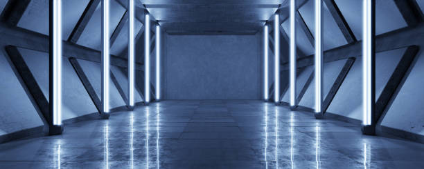 istock Underground Big Concrete Exhibition Neon Light White Lights Stripe Empty Dark Grunge Hall Tunnel Corridor Studio Hall Dark Hall Glossy Gallery Entrance Garage 3D Render 1503377669