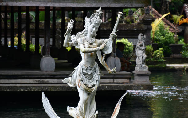 Saraswati on Swan Fountain Sculpture at Gunung Kawi Temple, Bali stock photo