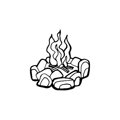 Vector poster with hand drawn campfire. Flame and burn, firewood and energy, fireplace and bonfire, vector illustration.